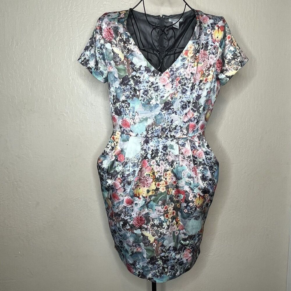 H&M Floral Satin Sheath Dress Pockets Women’s Size 12